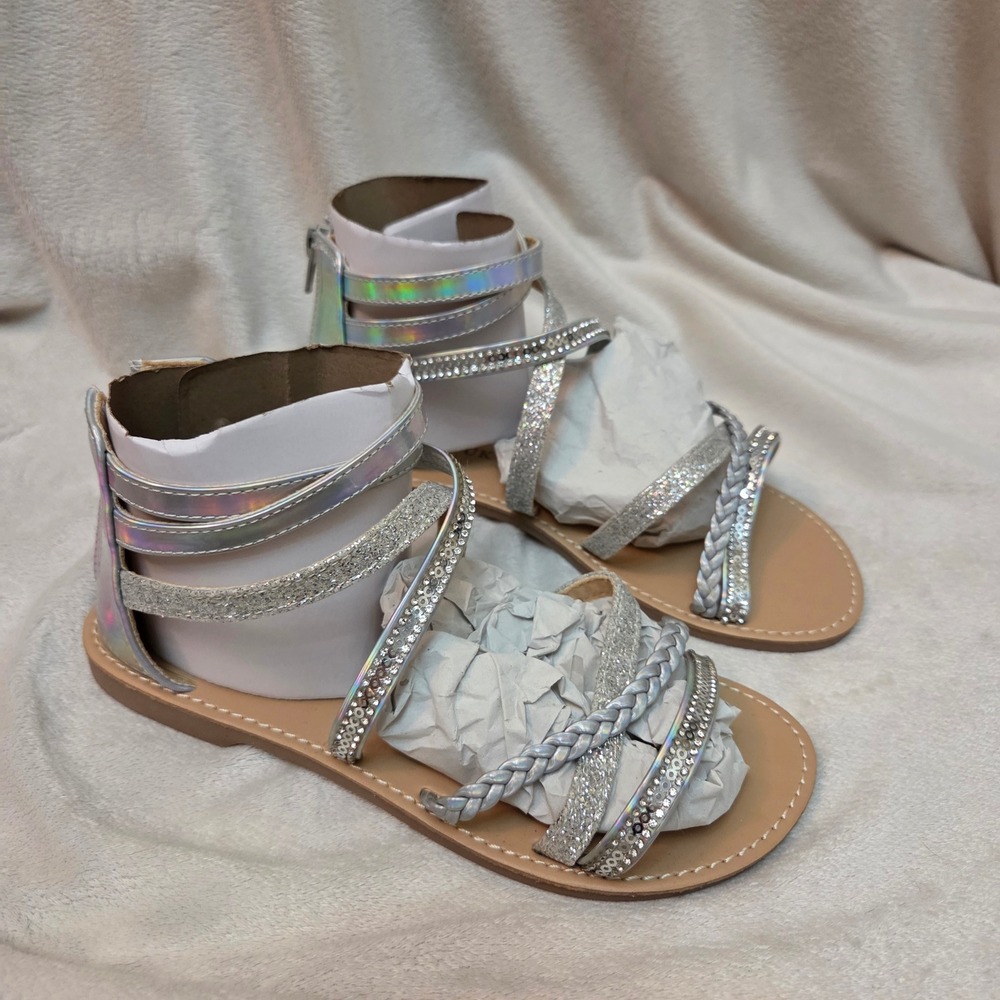 Girls Silver Iridescent Gladiator Sandals Rhinestone Glitter Strappy Size 3